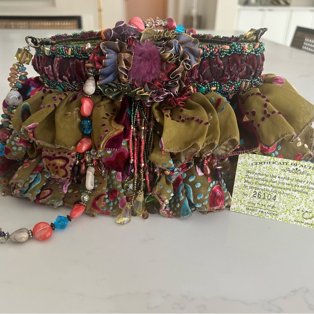 Mary Francis Embellished Olive Green Ruffled Evening Clutch